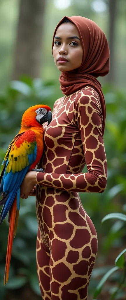 The most beautiful,thin,most pretty and clever Malaysian muslimah adult girl wears giraffe lycra turtleneck unitard catsuit covered with spots.She always wear giraffe print lycra dancewear stretchy hijab covered with many spots.She takes care a macaw to eat walnuts in the aviary.