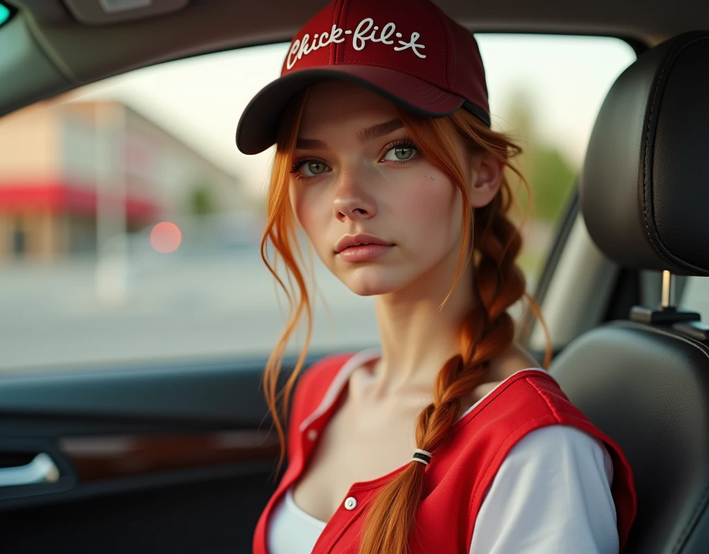 A girl getting fucked from the back, doggy style, penis in pussy, rapidly smoking cigarettes, teen, lots of cigarette ash, very long cigarette ash, small breasts, red hair, pigtails, freckles, in a car