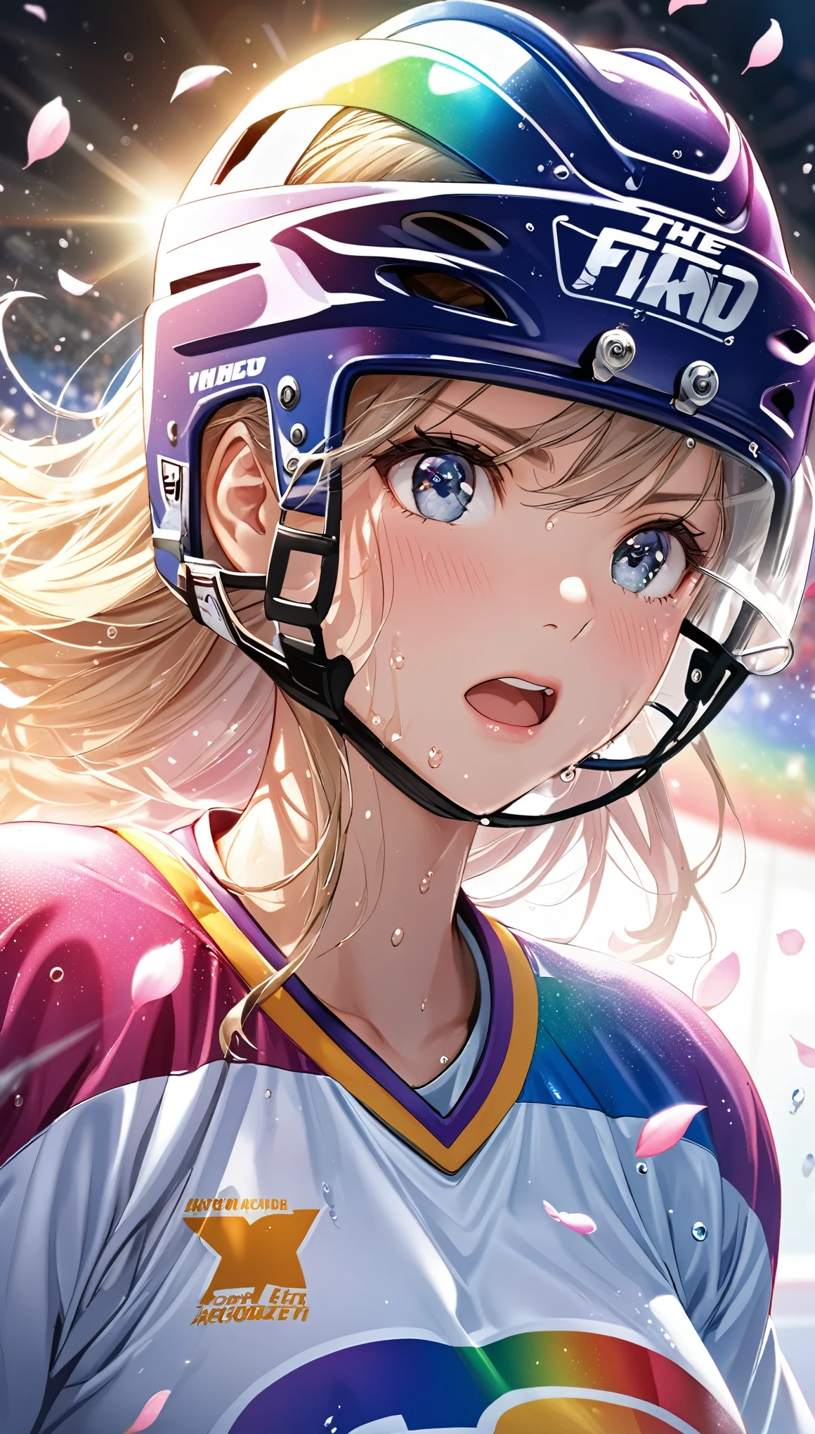(Sports magazine cover photo), Highest quality, Great quality, 16K, Unbelievably absurd, Very detailed, delicate and dynamic, Natural light, The particles reflect light, Diffuse reflection of light, Many rainbow-colored petals fall, Beautiful hall, Sparkling Sun, Diffuse reflection of light, Create amazing image effects, Hockey girl, Wet, sweating, Ice hockey, Holding hockey stick, Close-up(Cute sexy girl, big bouncing busts, Sensual expression, Cool girl, Serious, passion, Dynamic, Flashy hockey uniform, ,ice hockey helmet, Face guard, audience ,much-air-laden cheer)