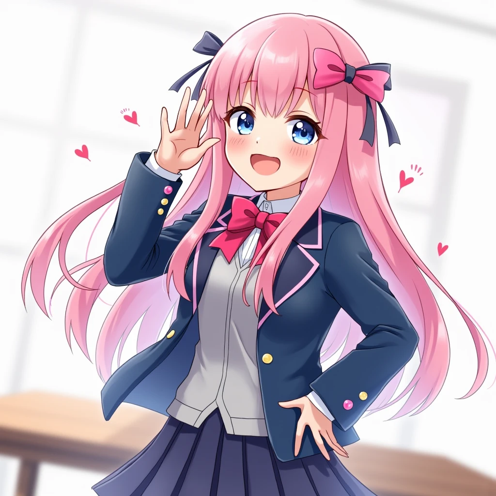 blue hair, be happy, smile, pink short hair, smooth and straight, pink eyes，Beth.，Spiritual World,((table top)),((best quality)), 1 girl comes in, jacket, (alone:1.6), hair accessories, pink eyes, bow, bow tie, pink bow tie, fashion suit jacket, Pink bow, look at viewer, Gray sweater, Blue school uniform, coat, Blue pleated mini skirt , (simple background:1.6), (white background:1.6) (realistic, realistic,:1.1) Dynamic angle, Random pose