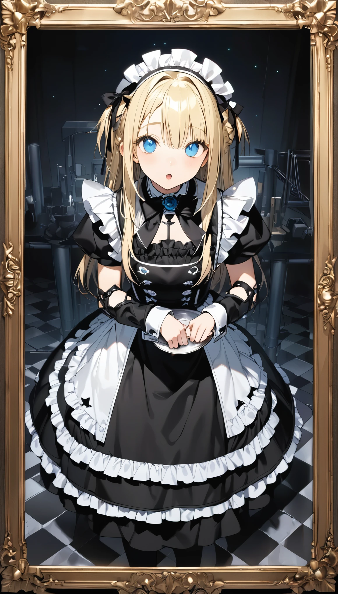 Woman in maid outfit posing for photo (Tabletop, Highest quality:1.2), 8k, 85mm, Official Art, Absurd, blonde, (blue eyes, Data Fashion, Sweet Ota, Gothic, dress:1.2), Idol&#39;s face, Upper Body, beautiful girl, Gardeniass, Copenhagen, Short sleeve, Grace, Sophisticated, Gardenia, Film Grain, chromatic aberration, Sharp focus, Face Light, Dynamic Lighting, Cinema Lighting,(( blush、Embarrassed look, avert your eyes、Looking down shyly:1.2))、(((Roll up your skirt、I see your white pants、Sujiman、slit)))、