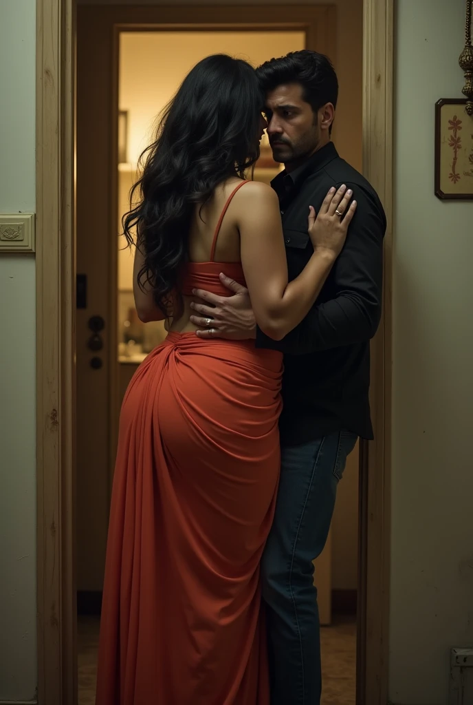 6 ft big ass beautiful indian girl in, (((there's a guy standing at the doorway))), (((he's groping her ass))), his hand is on her ass, (((he is grabbing her ass))), he's looking at viewer with a nervous look