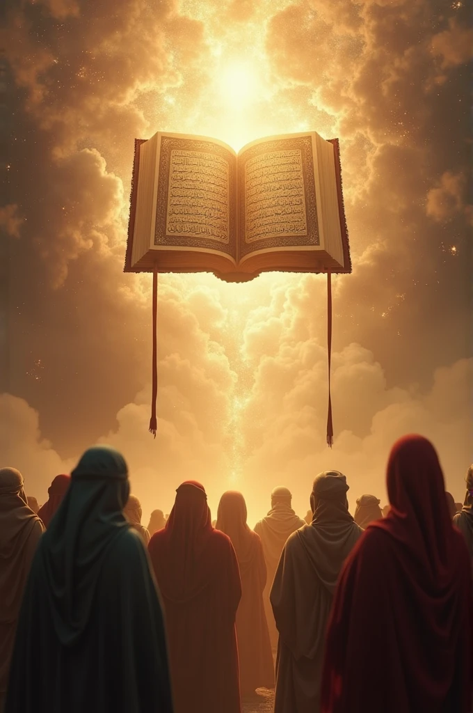 Koran as a book in heaven. People from the age 500 after Christian Christ look up to the Quran. The Koran shines a little. Above the Koran is the الله