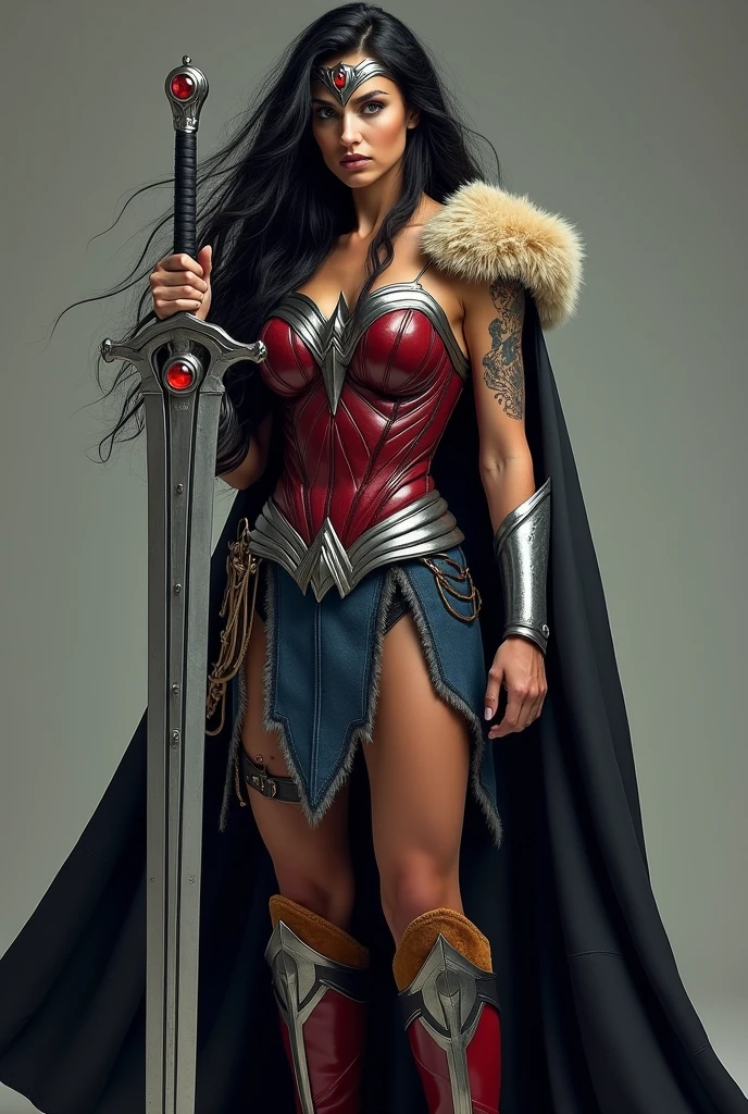 (((A beautiful woman with long, black, unruly hair under the cloak of the Amazon warrior Wonder Woman (((Black legis y falda Wonder Woman sobre el Legis))),(((Red corset with a wide silver metal eagle covering her breasts as an emblem))),(((Dark silver metal bracelets))),(((Red sheepskin boots long up to his knees with sheepskin on the edge)),(((Sheepskin on his shoulders))),(((Tattoos on one of her arms and a wide silver metal headband with a red ruby on her forehead)))Giant Viking style sword in his hand))),(((Wonder Woman Vikingo))),(((Black legis)))
