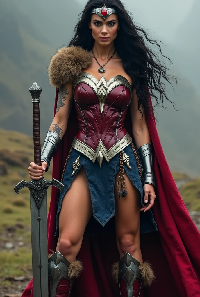 (((A beautiful woman with long, black, unruly hair under the cloak of the Amazon warrior Wonder Woman (((Black legis y falda Wonder Woman sobre el Legis))),(((Red corset with a wide silver metal eagle covering her breasts as an emblem))),(((Dark silver metal bracelets))),(((Red sheepskin boots long up to his knees with sheepskin on the edge)),(((Sheepskin on his shoulders))),(((Tattoos on one of her arms and a wide silver metal headband with a red ruby on her forehead)))Giant Viking style sword in his hand))),(((Wonder Woman Vikingo))),(((Black legis)))