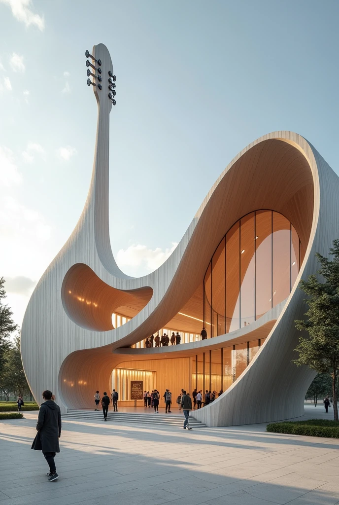 Build an architectural pavilion with curves and straight elements, Exhibitions will be held there and using the guitar as a reference, elements will be implemented