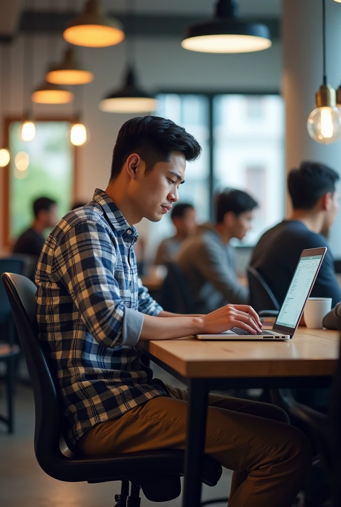 A mid 28 man with short black hair, wearing a checkered shirt and khaki pants, sitting at a desk in a co- working space, focused on coding on a laptop, surrounded by a busy environment with other young professionals. Everyday and Casual Scenarios