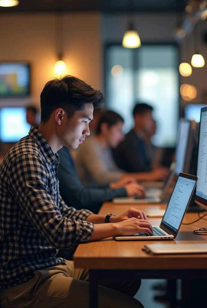 A mid 28 man with short black hair, wearing a checkered shirt and khaki pants, sitting at a desk in a co- working space, focused on coding on a laptop, surrounded by a busy environment with other young professionals. Everyday and Casual Scenarios