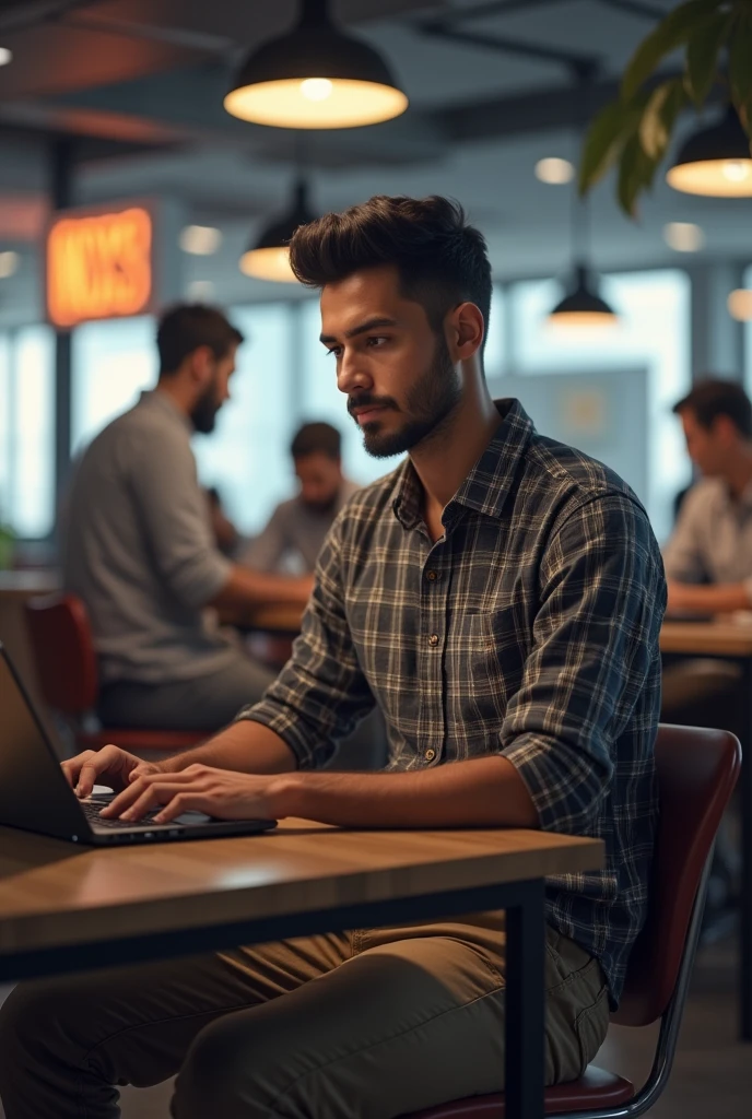 A mid 28 man with short black hair, wearing a checkered shirt and khaki pants, sitting at a desk in a co- working space, focused on coding on a laptop, surrounded by a busy environment with other young professionals. Everyday and Casual Scenarios