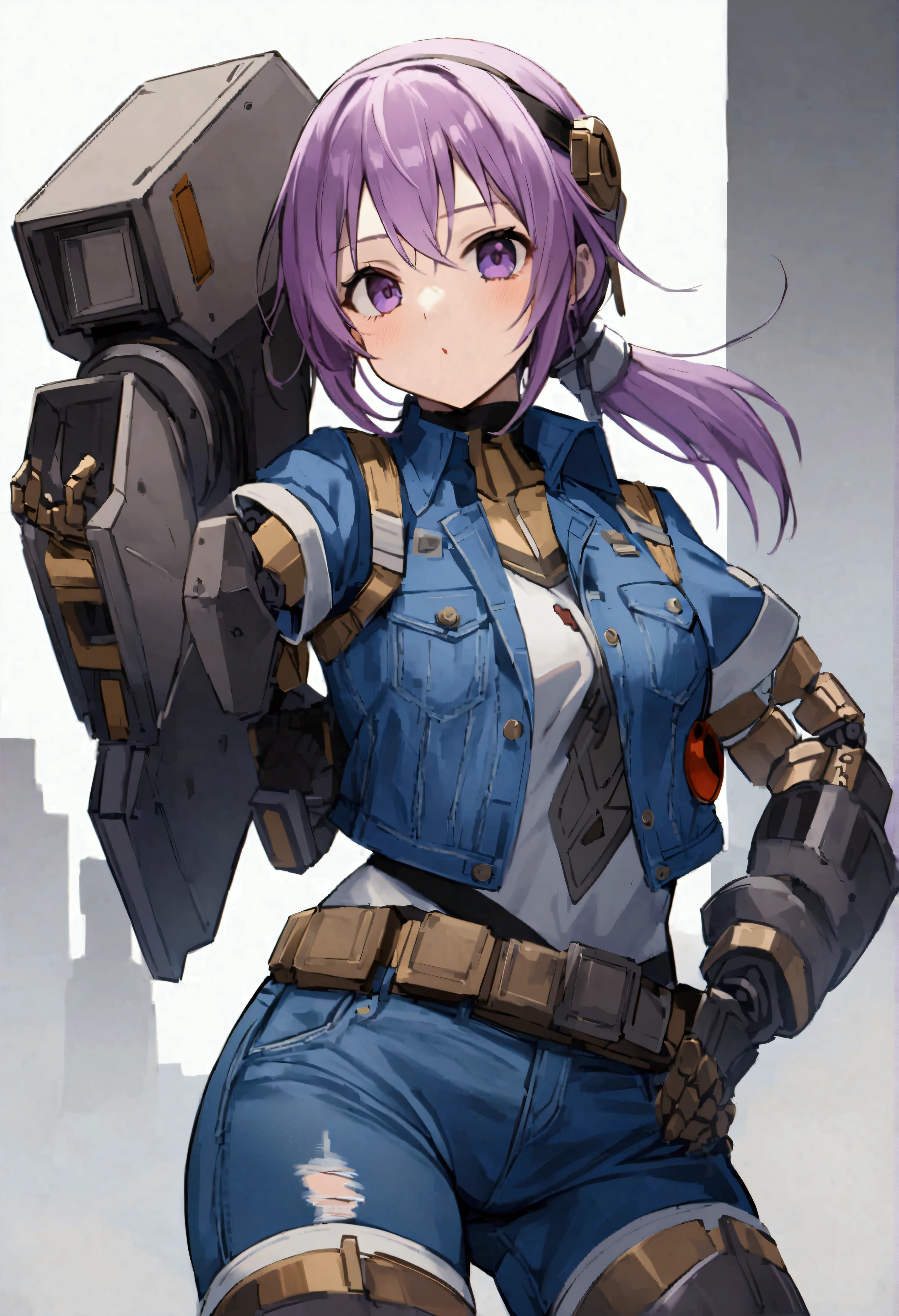 2d、Score 9、Score 8 up、Score 7 up、break、One person、solo、maggot、Purple Hair、Purple Eyes、robot、visor、Denim Jacket<lora:EMS-470427-