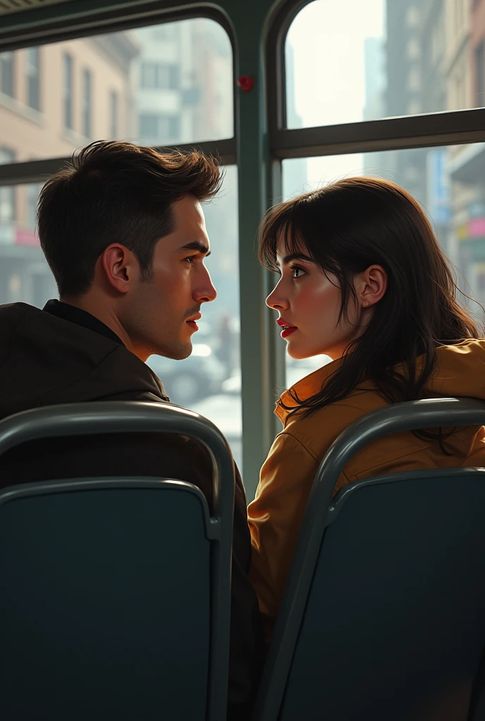A man and a woman are sitting next to each other on a bus. woman asks a question