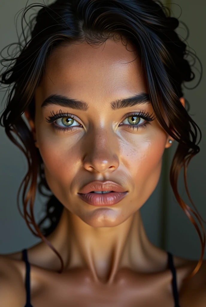 Photographie haute résolution d'une belle femme metisse, bel éclairage, selfie, yeux gris, yeux vert, face, mannequint