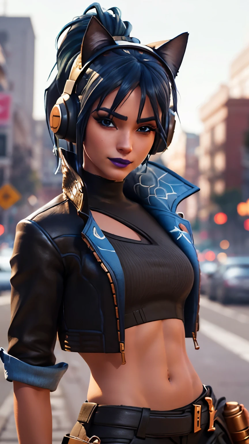 City detailed background, City detailed scenario, 1girl, solo, HeroicHopeFN, Heroic Hope from fortnite, (crop top, black top, open clothes), (jacket crop top, black jacket, blue loose, jacket loose), fingerless gloves, black pants, blue belt, blue hair, ponytail, blue eyes, headphones, cat ears headphones, holster, holster spray cans, purple lips, lipsticks, smirk, looking at viewer,