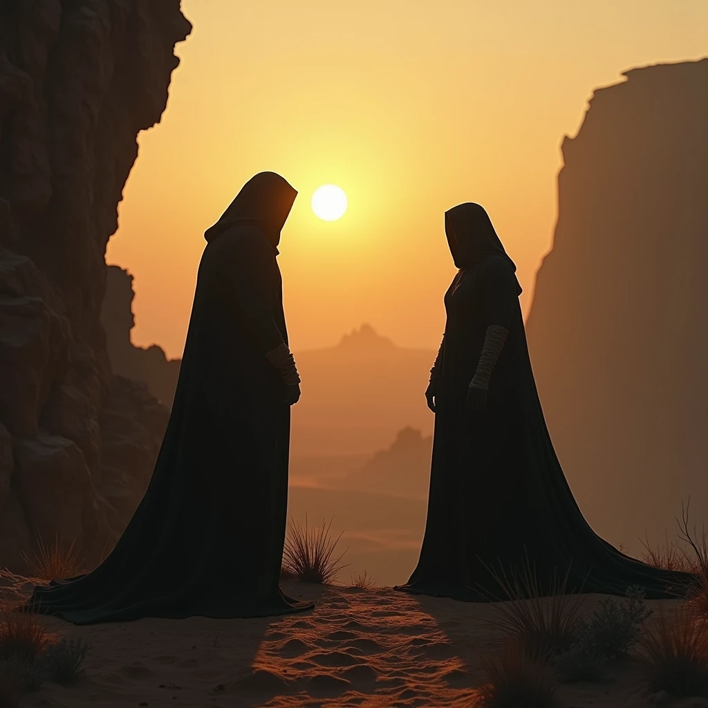 2 men in shadow form. A cliff. Desert