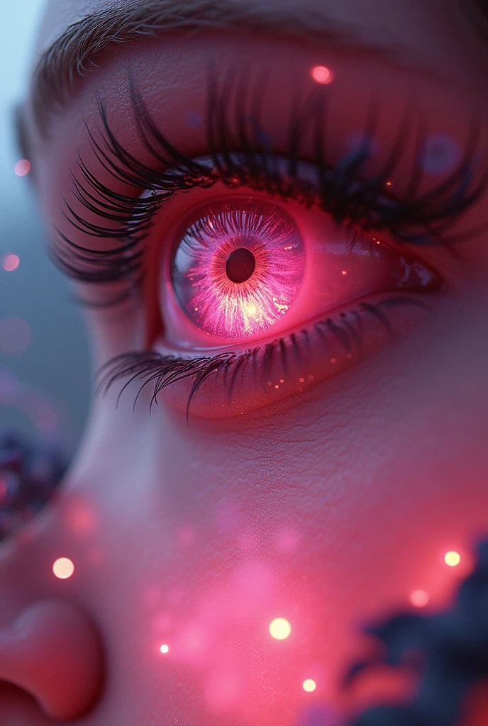 In a womans pink eye, reflection of the dragon burning the city