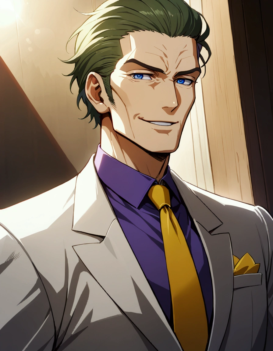 1man, (mature dad in ail-soft style, dandy president, moss olive hair, deepblue eyes, arafed spiky hair slicked back, businessman hairstyle), ideal ratio body proportions, BREAK (over 30s, elder producer, toned dilettante, high cheekbones, broad shoulder, square shaped face, handsome, beautiful detailed eyes, under 40s), BREAK (violet formal jacket, purplewhite shirt, yellow necktie, simple costume), BREAK solo, cool smile, smart emotion, BREAK upperlegs, romantic expression, 2000s, old hentai CG, in Ribahara Aki style, BREAK depth of field, dutch angle, cinematic shadows, cinematic lighting, lens flare, light leaks, texture, absurdres absolutely resolution, extreme all detailed, greatest paint, BREAK masterpiece, best quality, BREAK score_9, score_8_up, score_7_up, source_anime, rating_safe, score_6_up, score_5_up, score_4_up