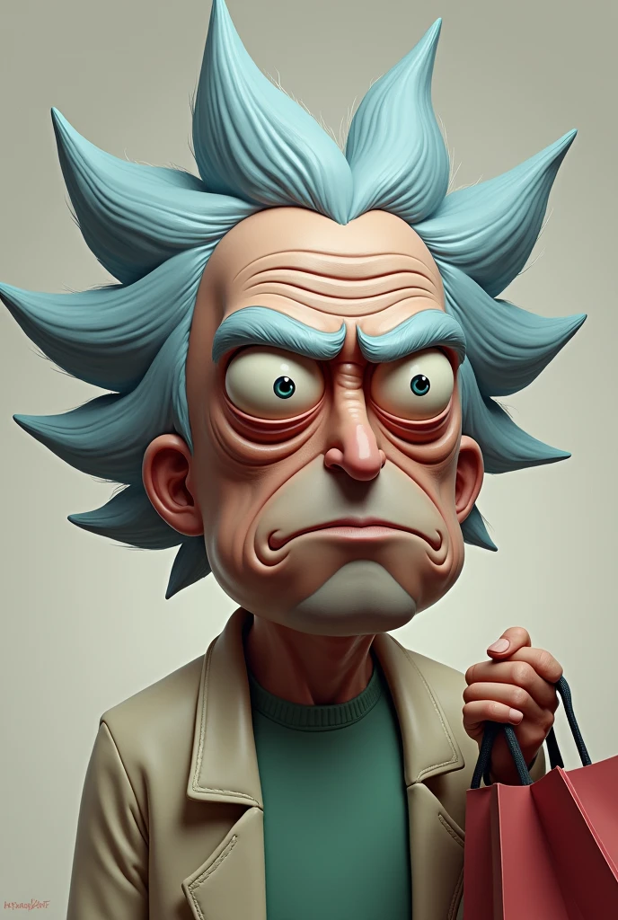 Make Rick Sanchez's face exactly like the drawing, do desenho rick and morty, with his hand at his side holding a shopping bag