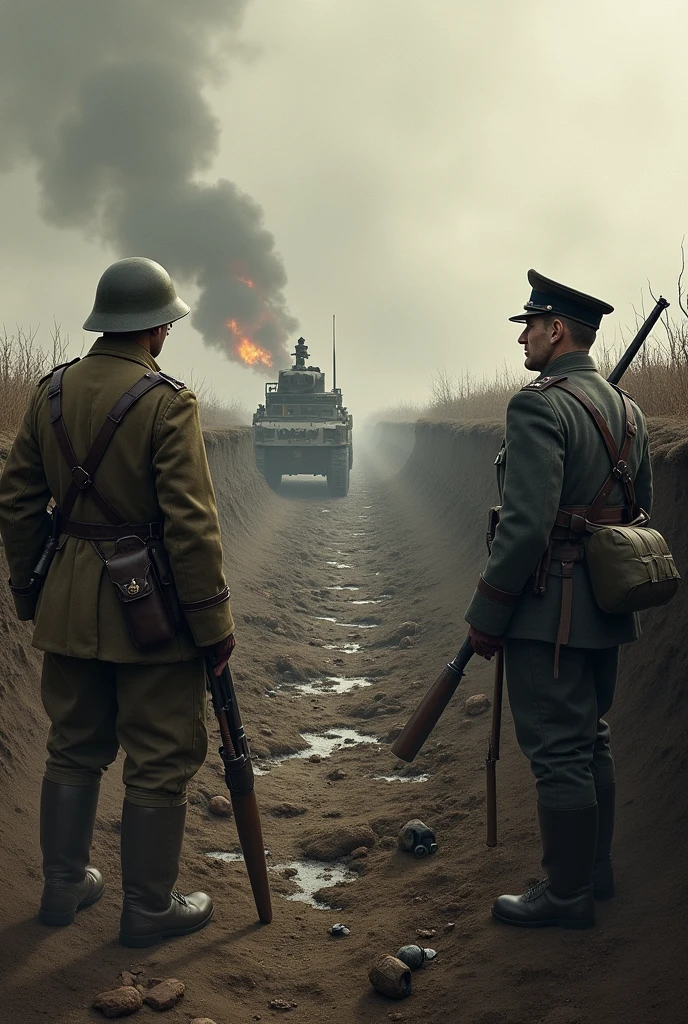 Hello, Please create a picture of World War I. That shows both sides in the image, with his soldiers and the English flag. ON A BATTLEFIELD, with weapons, chemical weapons, Tanks, etc. And be realistic. Maybe they are in the trenches.