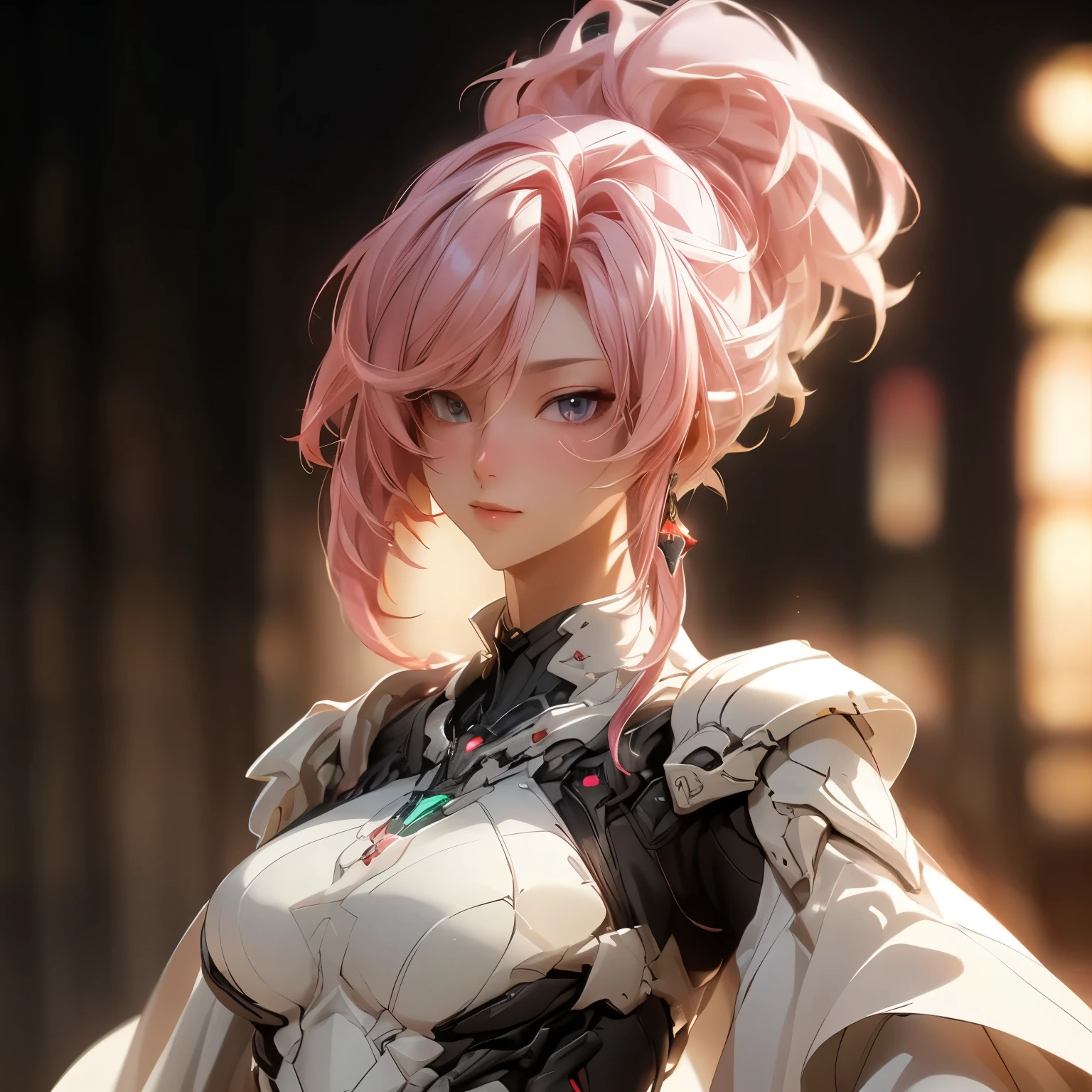 (best quality)), ((Masterpiece)), (details:1.4), 3d, HDR (high dynamic range), an image of a beautiful cyberpunk female, fantasy, pink hair, High ponytail, Golden eyes, จมูกโด่ง, ปากแดง, หน้าอกใหญ่, nvidia RTX, PBR surface, After processing, Anisotropic filtration,depth of field, Maximum clarity and clarity, multi-layered surface, Subsurface scattering, perfect proportions, 8K raw files, ultra detailed, Perfect proportions, volumetric lighting, soft lighting, Holy Paladin, Heavy Black Armor, glossy skin, chapel background, jewely, ต่างหู, นิ้วมือสมบูรณ์,