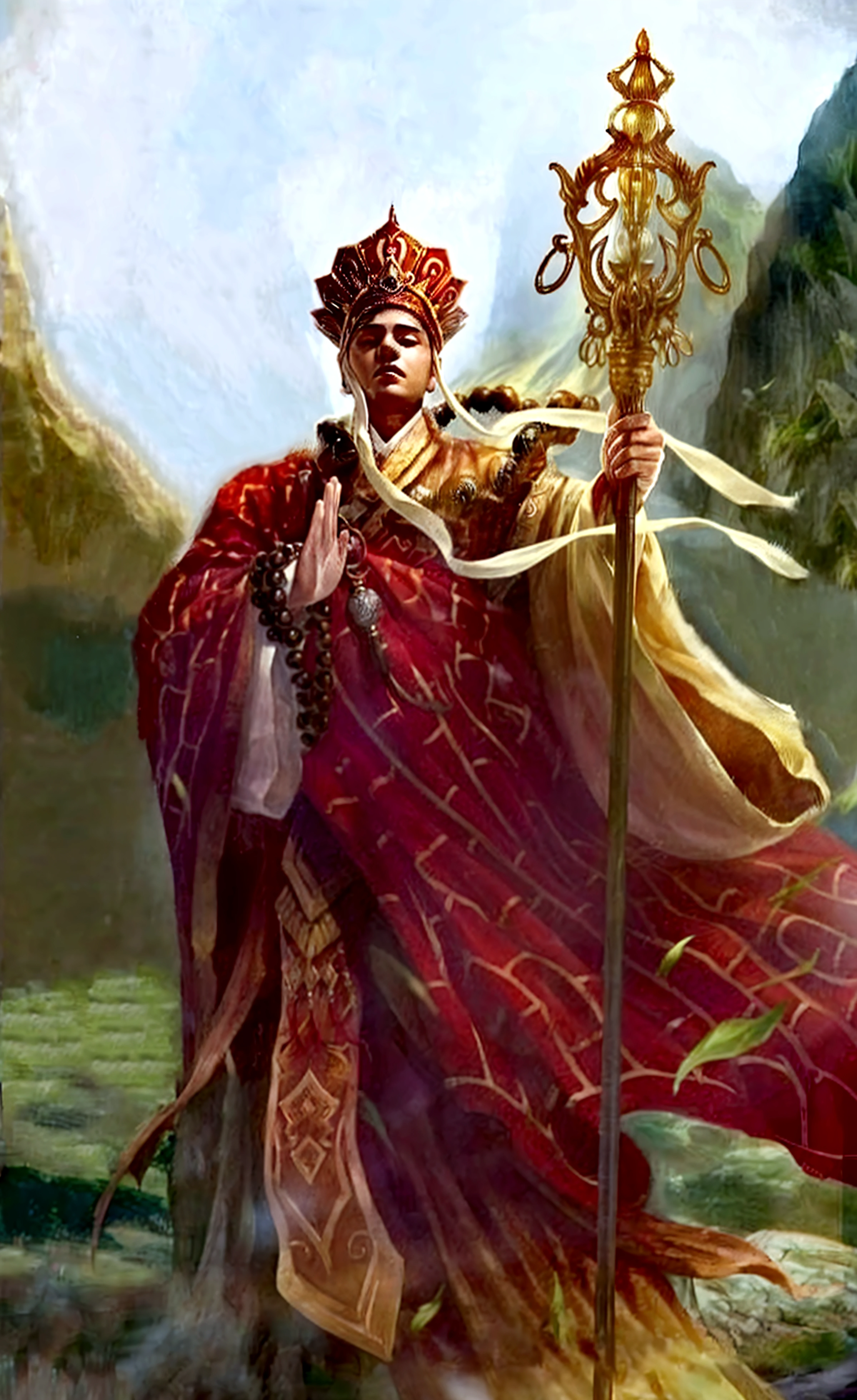 official art, unity 8k wallpaper, ultra detailed, beautiful and aesthetic, beautiful, masterpiece, best quality, (zentangle, mandala, tangle, entangle), Ksitigarbha Bodhisattva, a buddha wearing robe with a staff and a glowing beads in his hand and standing on a lotus flower, halo around his neck
<lyco:Ksitigarbha:0.85> <lora:detailmaker:1> <lyco:GoodHands-beta2:1.0>