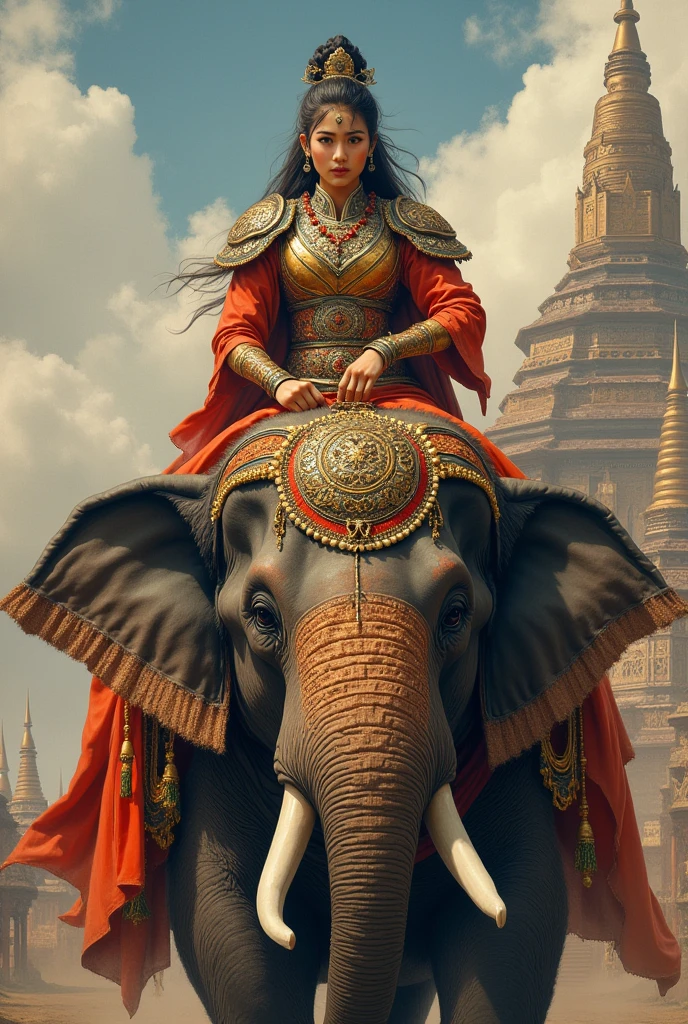 ((top quality)),(ultra high resolution),(Super detailed),(detailed description),((best CG)),(finest works of art),super precision art,amazing art of depiction,(Art with precise depiction in every detail:1.5), (one female warrior:1.6),armor made of leather 1.7,brave,encourage:1.6, (riding an elephant:1.6),