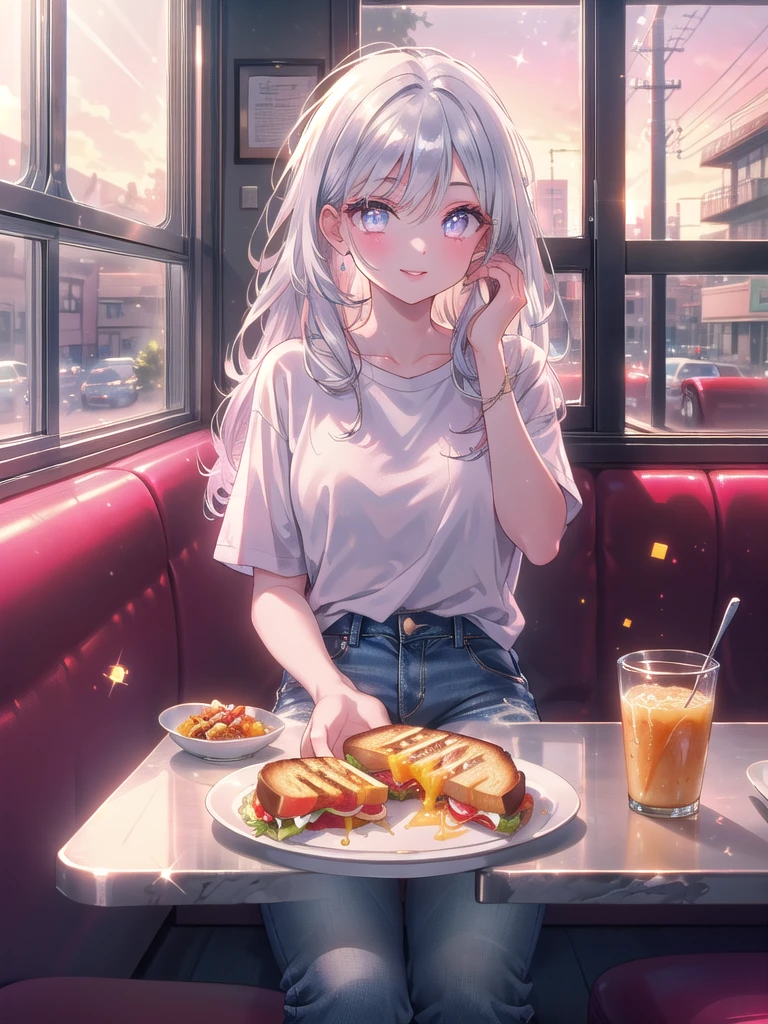 ((8k, Highest quality, masterpiece: 1.3)),Ultra-high resolution,(1 girl, alone), (Color changing eyes, Ultra-detailed, Expressive brilliance, Glitter, Glowing Eyes), Highly detailed eyes, Highly detailed face, Random Hair, ((pastel colour)The woman sits at a sleek, modern diner, where a small plate with a grilled cheese sandwich and a side of tomato bisque is placed before her. She’s wearing a simple white T-shirt tucked into high-waisted jeans, her hair down and slightly tousled. The interior is bright, with chrome accents and large windows letting in the midday light. She gazes at the camera with a soft, affectionate expression, her head tilted slightly as if she’s listening intently to her boyfriend, her lips curved in a gentle, understanding smile.