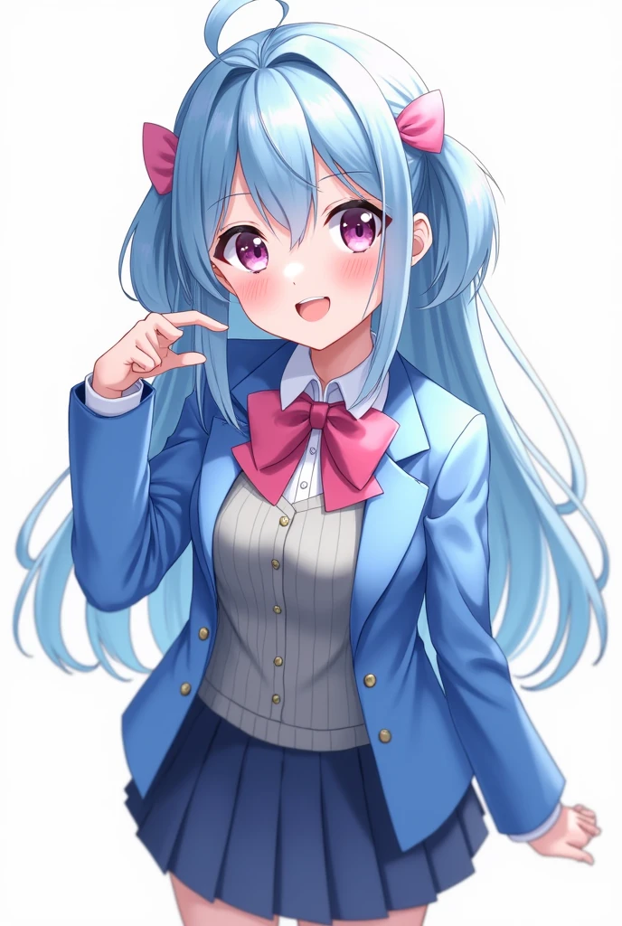 blue hair, be happy, smile, blue short hair, smooth and straight, pink eyes,Beth.,Spiritual World,((table top)),((best quality)), 1 girl comes in, jacket, (alone:1.6), hair accessories, pink eyes, bow, bow tie, pink bow tie, fashion suit jacket, Pink bow, look at viewer, Gray sweater, Blue school uniform, coat, Blue pleated mini skirt , (simple background:1.6), (white background:1.6) (realistic, realistic,:1.1) Dynamic angle, Random pose