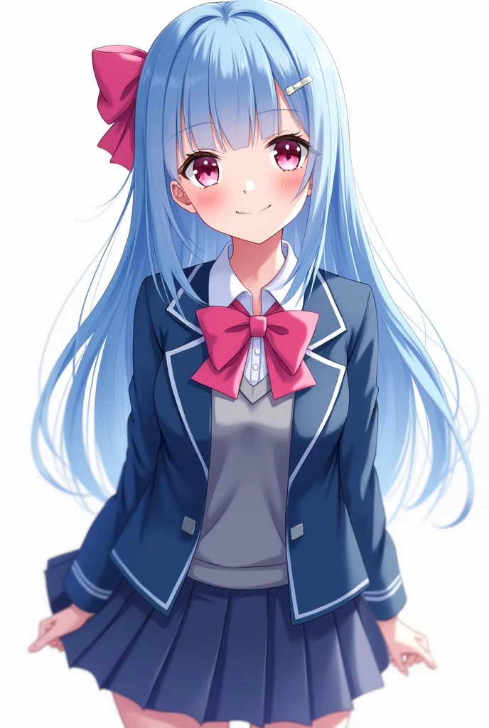 blue hair, be happy, smile, blue short hair, smooth and straight, pink eyes,Beth.,Spiritual World,((table top)),((best quality)), 1 girl comes in, jacket, (alone:1.6), hair accessories, pink eyes, bow, bow tie, pink bow tie, fashion suit jacket, Pink bow, look at viewer, Gray sweater, Blue school uniform, coat, Blue pleated mini skirt , (simple background:1.6), (white background:1.6) (realistic, realistic,:1.1) Dynamic angle, Random pose
