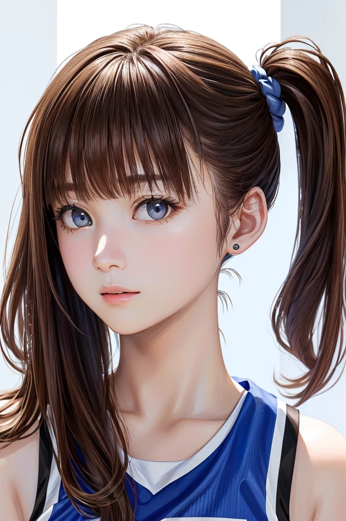 (((Frame In、Solo Shot、Pure white wall background、Highest quality、8k、32K、masterpiece)))、(Realistic)、(Realistic:1.2)、(High resolution)、Very detailed、Very beautiful face and eyes、1 person、Round and small face、Tight waist、Delicate body、(close、Highest quality、Attention to detail、Rich skin detail)、(Highest quality、8k、Oil paints:1.2)、Very detailed、(Realistic、Realistic:1.37)、Bright colors、(((Brown Hair)))、(((Brown hair)))、(((Side Ponytail)))、(((Cowboy Shot)))、(((Bob Hair)))、(((The bangs are uniform)))、(((Pure white wall background)))、(((Wearing a basketball uniform)))、(((Brown and light blue basketball outfit)))、(((Blue and brown uniform)))、(((Female face)))、(((1 female)))、(((Tank top style uniform)))、(((Sexy expression)))