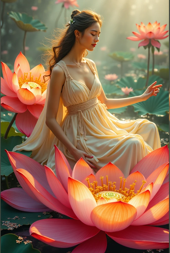 Imagine a fantasy enlightenment scene:An ethereal girl,The expression is serene,Sitting on a huge、The center of a shimmering rainbow-colored lotus。She was radiant in the soft glow of the flowers、translucent,Her silhouette represents pure elegance。She wore a layered silk dress,The fabrics reflect the fluidity of lotus petals,Shades include deep red、amber、Creamy white and gold。Her hair is elegantly tied up,More elegant。She gently stretched out one hand,As if directing the rainbow-colored dots dancing around her。The background is a mysterious garden,Shrouded in softness、In the ethereal mist,Dotted with giant lotus flowers of the same type,They are in different stages of flowering。Tall, slender plants with metallic tones,Glittering iridescent white buds on slender stems。The viewer is brought into a state of peace、A state of awe and otherworldly grace,Bathed in an otherworldly soft glow, Bright colors,Bright,rgb, Colorful),(High contrast:1.5),(whole body:1.8), magazine photography,Popular on social platforms,((Dopamineism)),(((Dopamine color matching))),Facing the screen,Dopamine color,High Saturation,High contrast,High Definition,8k,Dopamine,(in the style of Y2K),Luo Erchun,Three-dimensional ancient style,Oriental poetry and painting