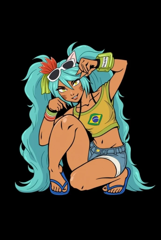 Heroine Very muscular woman body builder body of a professional fighter athletic great physical attributes brown skin with tanned tiger spots she has sun marks from her bra and thong panties in Vê, She is blonde with long hair with a single red fringe and has two long braids and cat ears facing forward., It has eyes of two different colors, the left one is pool blue and has a pool blue sclera, the right one is yellow and has a yellow sclera, both eyes have a cat's pupil, has black claws on its nails, She is wearing very typical Brazilian clothing, a red women's tank top, denim shorts and flip-flops.. Art style Vtuber 2.5D.