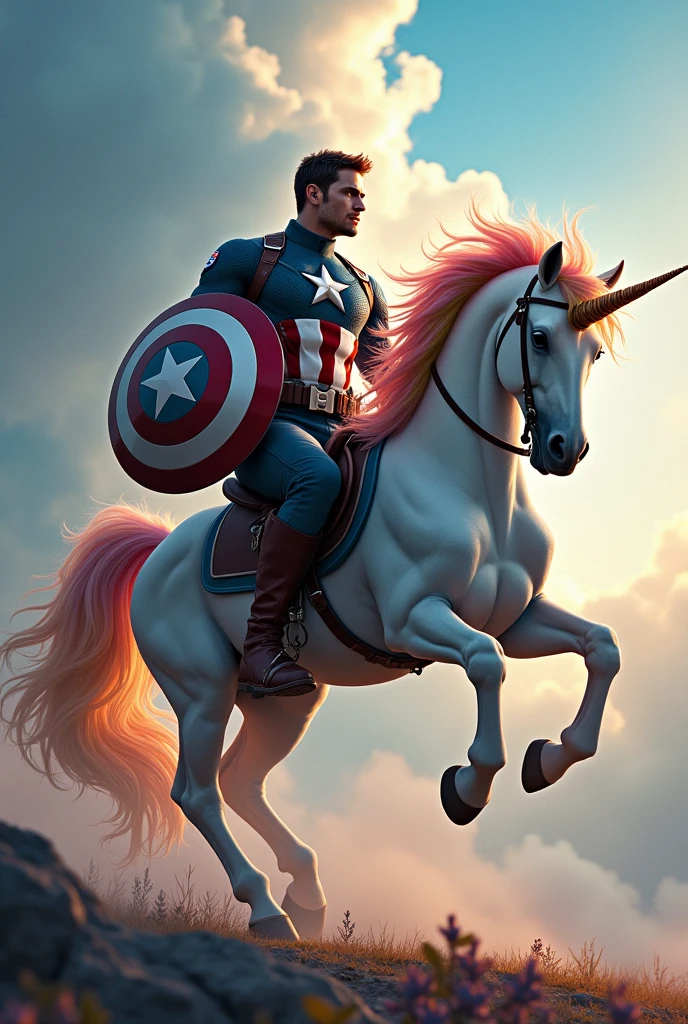 Captain America riding a unicorn