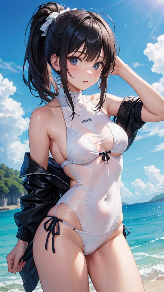 She is wearing a white swimsuit.