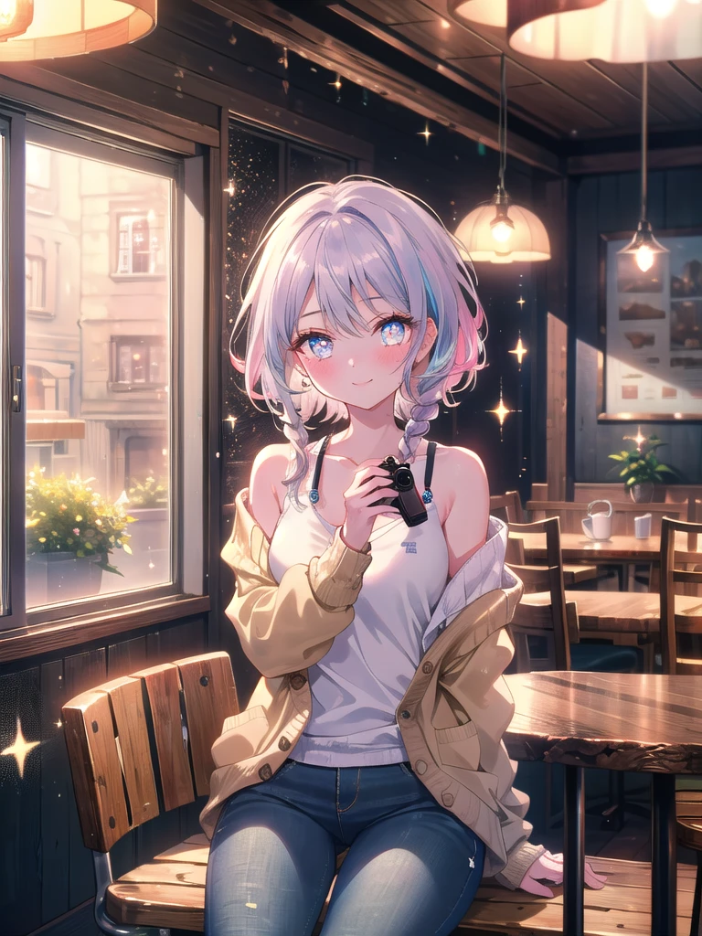 ((8k, Highest quality, masterpiece: 1.3)),Ultra-high resolution,(1 girl, alone), (Color changing eyes, Ultra-detailed, Expressive brilliance, Glitter, Glowing Eyes), Highly detailed eyes, Highly detailed face, Random Hair, ((pastel colour)The woman is seated in a cozy corner of a quaint, rustic café, with a small bowl of vegetable soup and a slice of artisan bread on the table. She’s wearing a casual cardigan over a simple tank top and skinny jeans, her hair loosely braided over one shoulder. The café is quiet, with soft background music playing and warm, ambient lighting. She looks at the camera with a shy, endearing smile, her cheeks slightly flushed as if she’s embarrassed by a compliment, her eyes sparkling with a mix of joy and modesty.