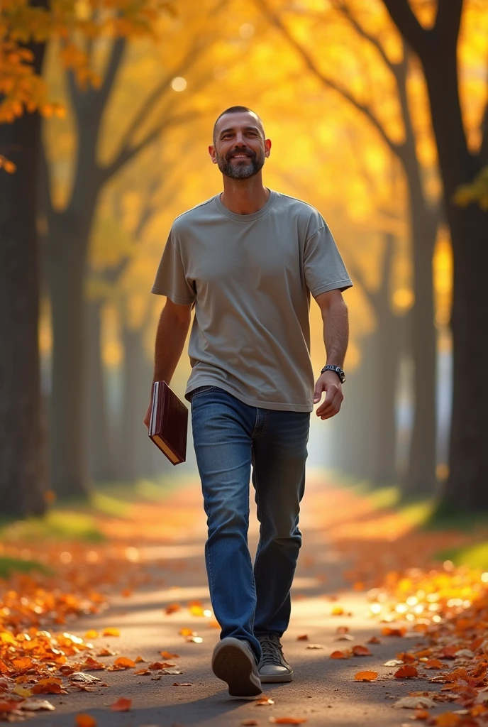 A 2 man with a buzz cut,
dressed in a casual t-shirt and jeans,
strolling through a park with autumn
leaves on the ground, holding a book
and