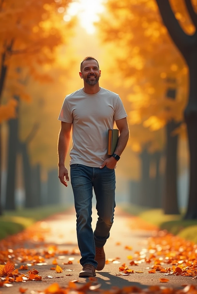 A 2 man with a buzz cut,
dressed in a casual t-shirt and jeans,
strolling through a park with autumn
leaves on the ground, holding a book
and