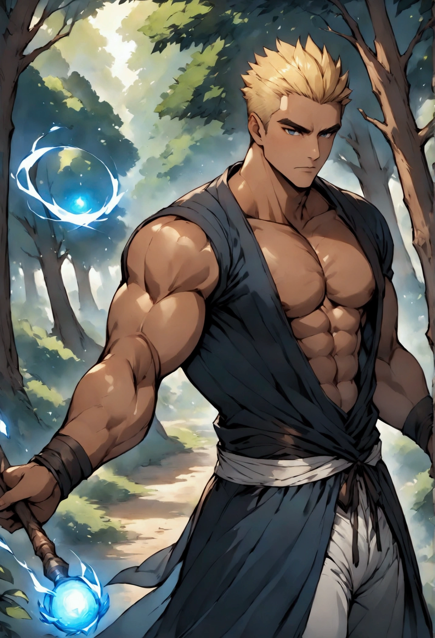 (best quality), masterpiece, ultra-detailed, guy,goatee facial hair, muscular physique,full body portrait,blonde hair,intense blue eyes,stream,forest,hairly chest,loincloth, sitting
