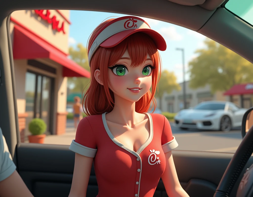 1girl, unbelievably stunning, 16yo, (slender petit frame:1.2), (large naturally sagging breasts:1.2), braless, cleavage, beautiful detailed green eyes, redhead, (cute:1.1), very pale skin, (adorable:1.1), taking viewer's order in the drive thru car line while standing outside the restaurant, Chick-Fil-A, cute uniform with short shorts and Henley shirt and (visor:1.1), (best quality,4k,8k,highres,masterpiece:1.4),ultra-detailed,(realistic,photorealistic,photo-realistic:1.34),HDR,studio lighting,vivid colors,bokeh,(girl's emotions: bashful, coy, demure, coquettish, kittenish,awkward),(viewer's emotions: aroused, attracted, lust, infatuation, fascination, seduced), (photographed as seen from a driver's perspective:1.4)