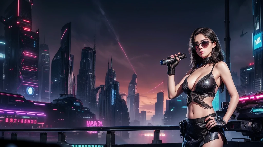 (Wide angle view). Blade Runner style futuristic city, simple outlined transparent neon tall buildings, glowing giant clock tower, flying cars, helicopter, lightning, 3D rendering Beeple. At night, (1girl, solo, alone), photorealistic, medium-breast slim:0.6 body, oval:0.6 face, cleavage:1.1, sexy black laced bra, glove, deep-V, (very low angle view of miniskirt), white laced panty, coat, (Matrix style black micro sunglasses), ((aiming viewer with a short gun)), (running pose), (half-body thigh level close-up shot), cinematic lighting, ray tracing.