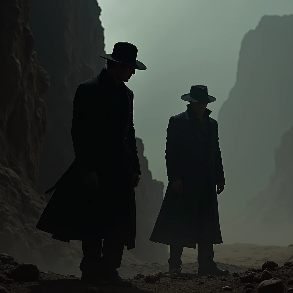2 gangsters in shadow form. A cliff. Desert