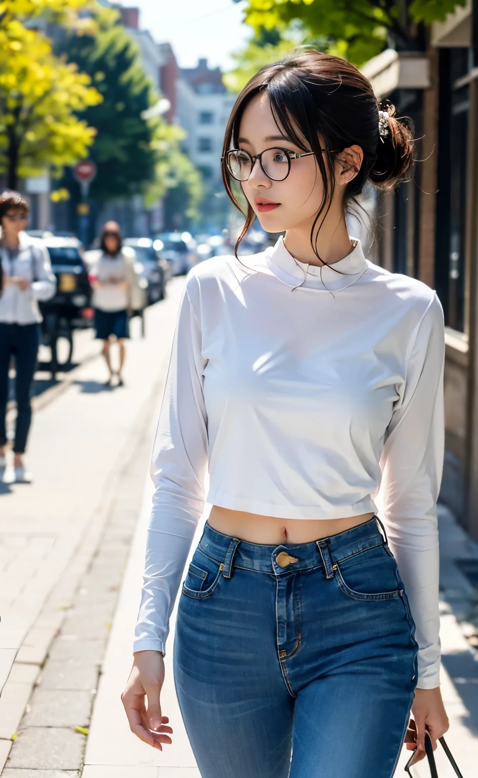 a cute woman, beautiful detailed eyes, arms up, cowboy shot, beautiful detailed lips, extremely detailed eyes and face, long eyelashes, slender body, thin face, delicate features, flawless porcelain skin, glistening sweat, ultra-fine fingers, best ratio four finger and one thumb, realistic, oversized T-shirt, mini skirt, one-person viewpoint, Fuji Film, F/1.2, 8K, masterpiece, nffsw, super detail, high quality, best quality, high resolution, glasses, mole under right eye,