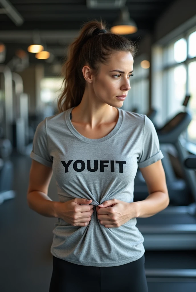 woman at the gym squeezing belly fat with a t-shirt that says youfit