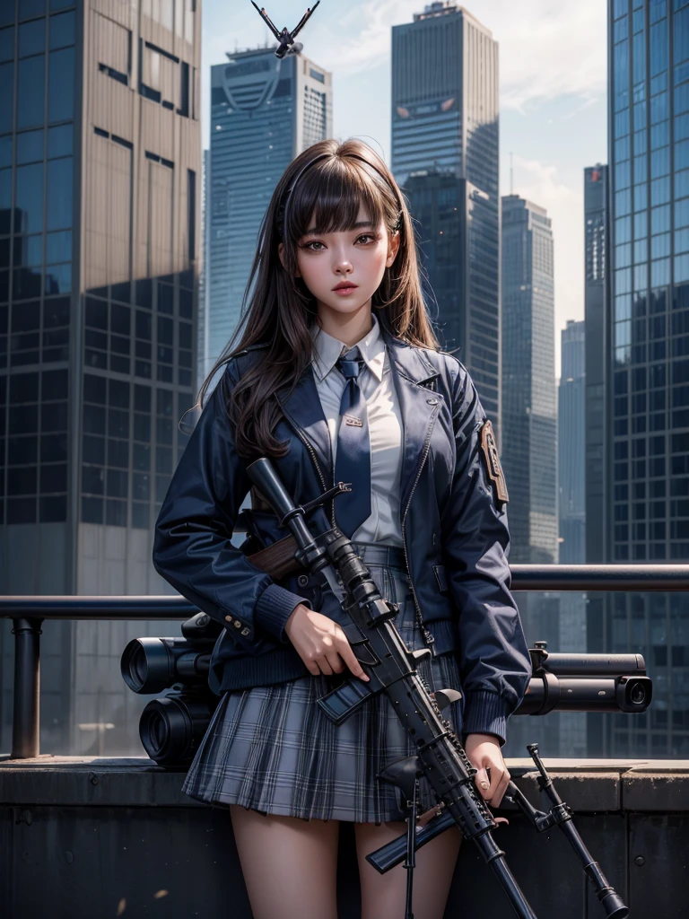 1womanl、(Super beautiful)、(beauitful face:1.5)、(A detailed face)、is standing、(high-school uniform)、Dark blue jacket、white shirt、neck tie、Plaid mini skirt、Brown hair、(Dark makeup)、(holding rifle)、(Aim your rifle:1.5)、h&K HK416、(On the roof of a high-rise building)