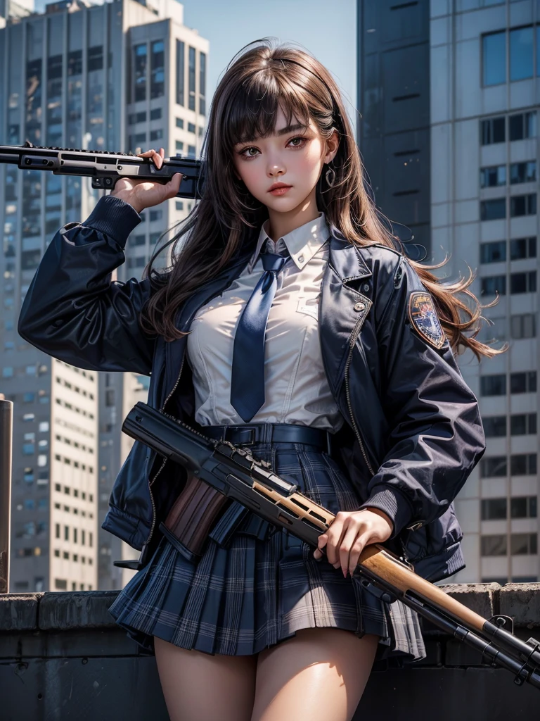 1womanl、(Super beautiful)、(beauitful face:1.5)、(A detailed face)、is standing、(high-school uniform)、Dark blue jacket、white  shirt、neck tie、Plaid mini skirt、Brown hair、(Dark makeup)、(holding rifle)、(Aim your rifle:1.5)、h&K HK416、(On the roof of a high-rise building)