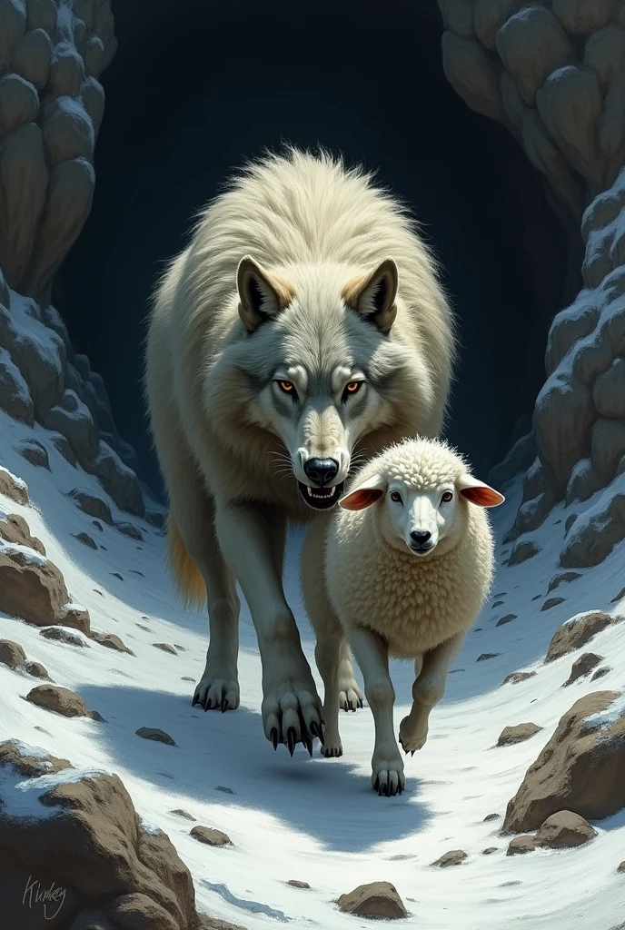 The wolf carried the lamb to the cave to prepare it for food.