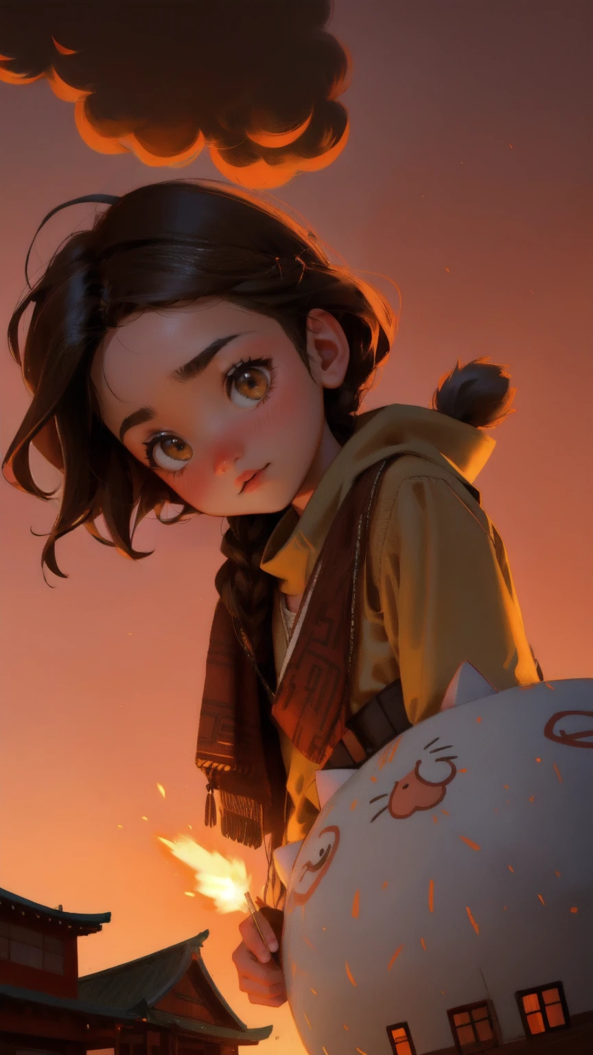 A giant cartoon cat beautiful girl  bomb with 'Rug Pull' written on it, bursting through a brown sky with missiles firing all around. The scene takes place in a traditional Asian village, where the buildings and streets are shown in warm brown tones, giving a dramatic yet stylized atmosphere. The cat bomb is the centerpiece, exuding a mix of cuteness and destruction, as smaller cartoon characters flee in panic below.