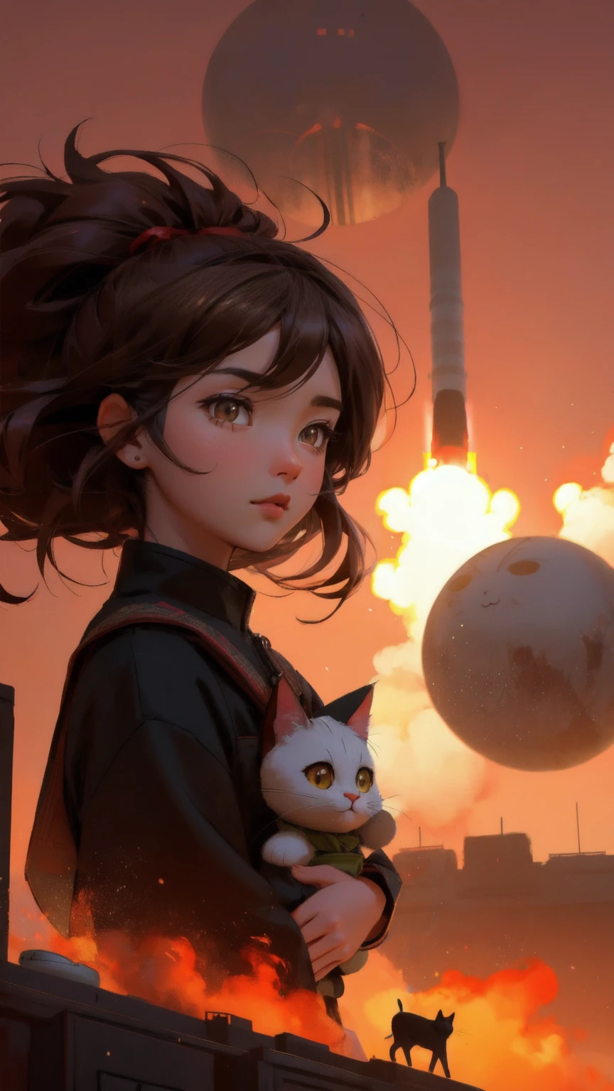 A giant cartoon cat beautiful girl bomb with 'Rug Pull' written on it, bursting through a brown sky with missiles firing all around. The scene takes place in a traditional Asian village, where the buildings and streets are shown in warm brown tones, giving a dramatic yet stylized atmosphere. The cat bomb is the centerpiece, exuding a mix of cuteness and destruction, as smaller cartoon characters flee in panic below.