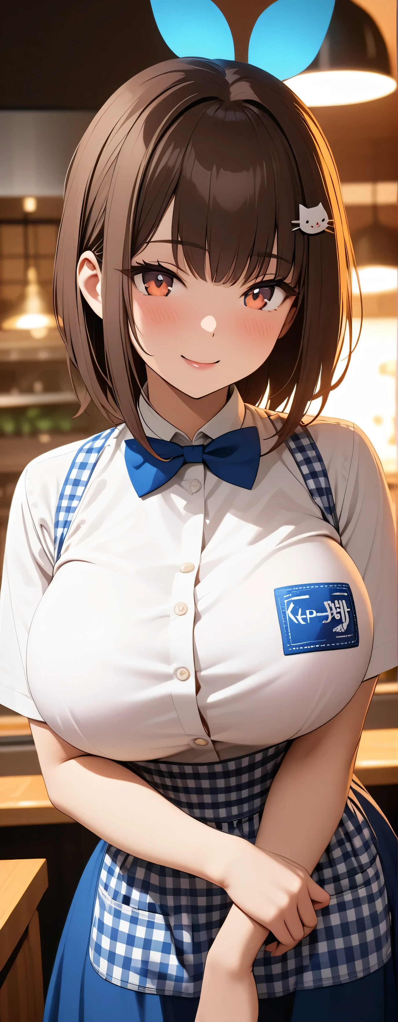 Beauty: 1.3),One person,masterpiece, Highest quality, Ultra-high resolution,Rich contrast,super high quality,8k,Highly detailed CG unit wallpaper,texture,Unbelievably absurd,Ultra-high resolution,RAW Photos,Depth of Field 1.2,crew, blue bow, blue bowtie, white shirt, short sleeves, blue skirt, blue apron, gingham apron, employee uniform, high-waist skirt, waitress,(Brown Hair,Sharp bob,Berry Short),happy,Very fine eye,bigeyes,looking pleasured, (Perfect hands, Perfect Anatomy),Glowing Skin,Cute cat hairpin,restaurant,,Beautiful glossy lips,pinup,((extreme close-up)),light smile,(Large Breasts:1.5),Many customers,