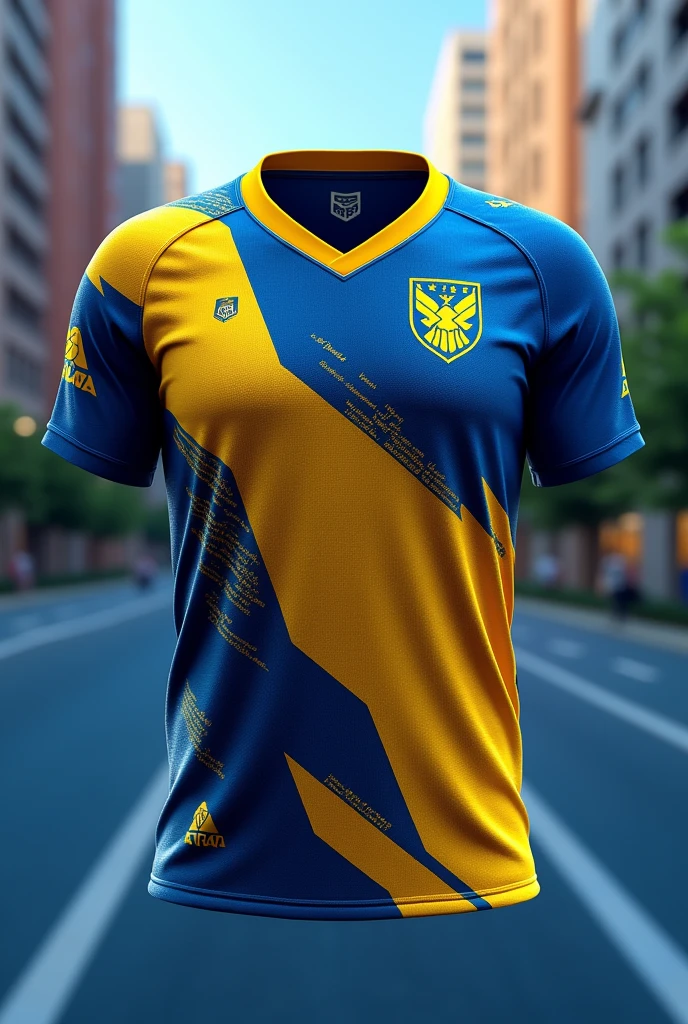 Create an Atlanta City Sports Jersey with blue and yellow colors and details, and with a geometric eagle in the corner of it