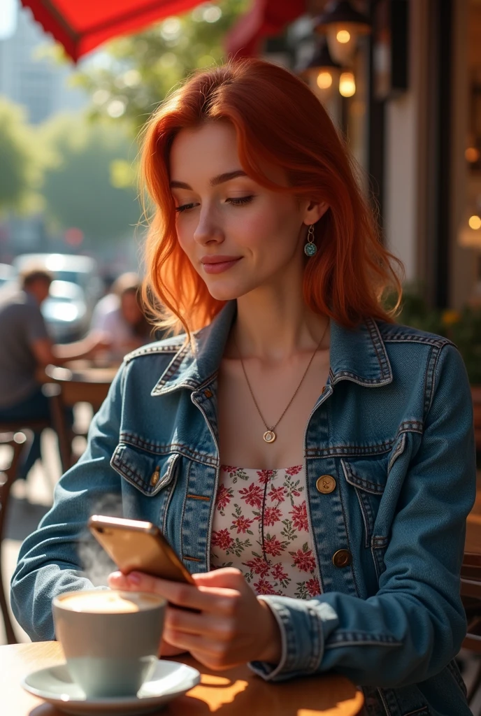 A mid 20  usa woman with shoulder-length red hair, wearing a denim jacket over a floral dress, enjoying a coffee at an outdoor café, looking thoughtfully at her smartphone.
